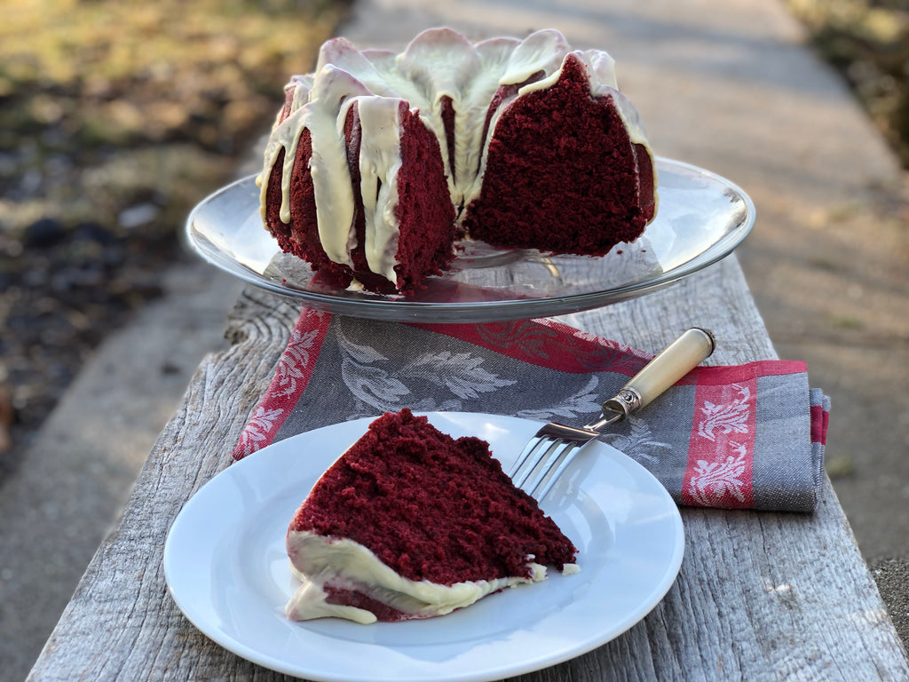 A True Red Velvet Bundt Cake with White Chocolate Icing