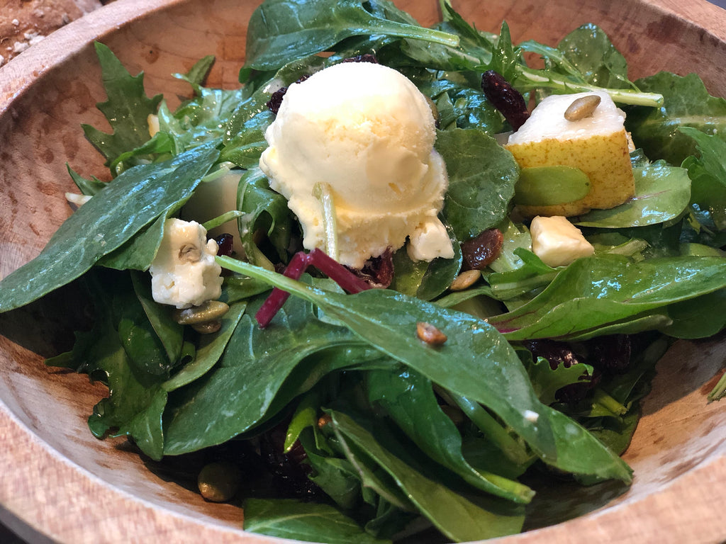 Pear and Candied Pepitas Salad garnished with Blue Cheese Ice Cream
